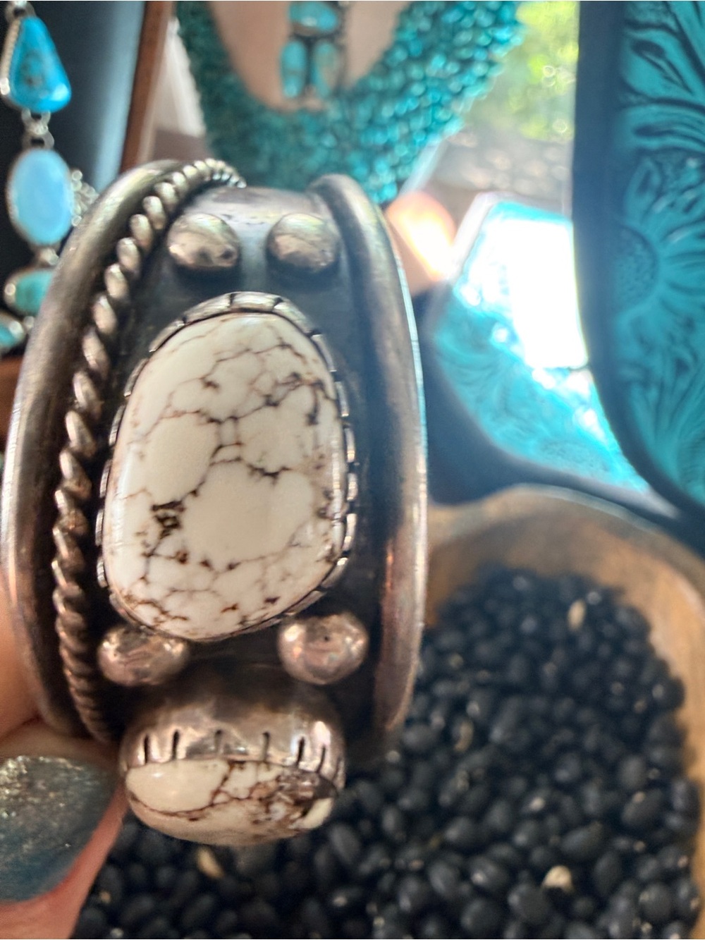 Native made white buffalo / wild horse Cuff Bracelet - Picture 4 of 6